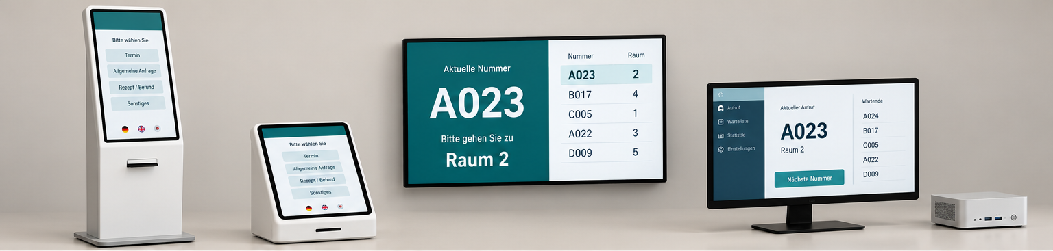 Produktbaukasten aus der PDF: Standterminal, Tischterminal, Warteanzeige, Mitarbeiter-PC und Mini-PC