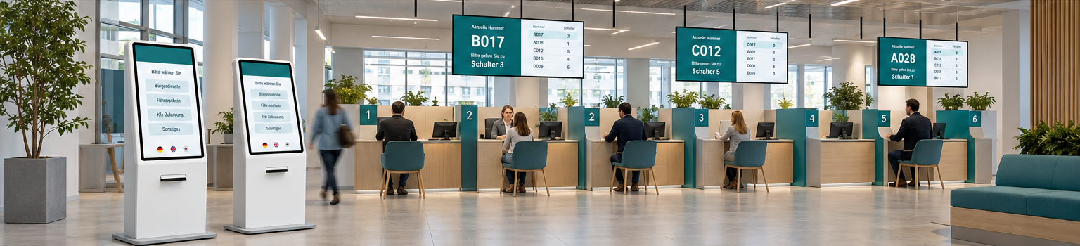 Großes Servicezentrum mit Standterminals, mehreren Schaltern und zugeordneten Warteanzeigen